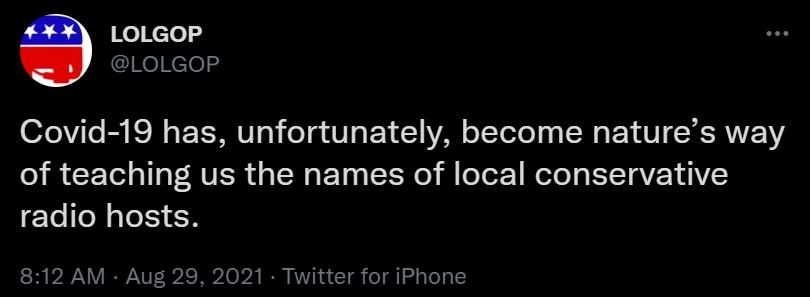 Ko Nclo KeNeloy Covid 19 has unfortunately become natures way o i CETol o 1ToF RVER g SN o L o ll o Tor WeToTg ISR VRV AV radio hosts 812 AM Aug 29 2021 Twitter for iPhone