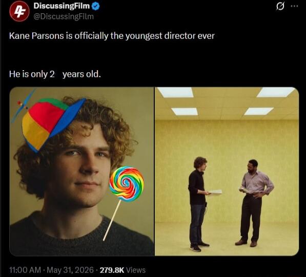 Kane Parsons is officially the youngest director ever. He is only 2 years old. The image shows a tweet from DiscussingFilm. On the left, a young man with curly hair, wearing a propeller hat and holding a rainbow lollipop. On the right, two men are standing in a yellow room, resembling a film set, holding scripts.