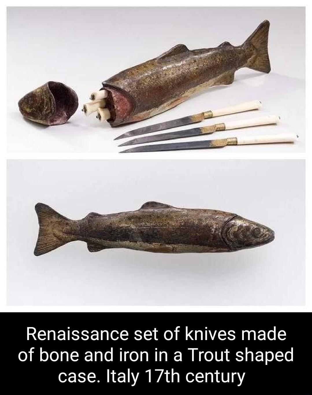 Renaissance set of knives made of bone and iron in a Trout shaped case ltaly 17th century