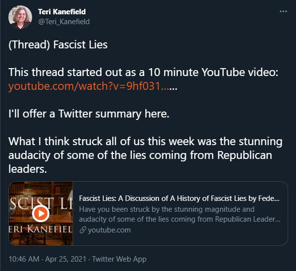 Teri Kanefield Teri_Kanefield Thread Fascist Lies RUTER G TCETe B T le NolV e S T 00 T V R TVE IV TRV e ToH youtubecomwatchv9hf031 Ill offer a Twitter summary here What think struck all of us this week was the stunning audacity of some of the lies coming from Republican leaders Lf Fascist Lies A Discussion of A History of Fascist Lies by Fede o 3 Have you been struck by the stunning magnitude and 