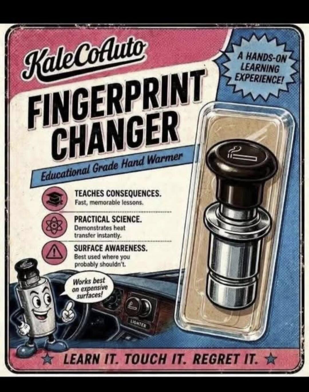KaleCoAuto FINGERPRINT CHANGER Educational Grade Hand Warmer A HANDS-ON LEARNING EXPERIENCE! TEACHES CONSEQUENCES. Fast, memorable lessons. PRACTICAL SCIENCE. Demonstrates heat transfer instantly. SURFACE AWARENESS. Best used where you probably shouldn't. Works best on expensive surfaces! LIGHTER LEARN IT. TOUCH IT. REGRET IT.