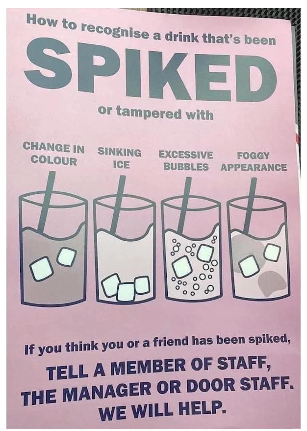 s been or tampered with CHANGEIN siNKiNG CoLouR 1cE EXCESSIVE FOGGY BUBBLES APPEARANCE iend has been spiked If you think you or a fri TELL A MEMBER OF STAFF AFF ANAGER OR DOOR ST e WE WILL HELP i
