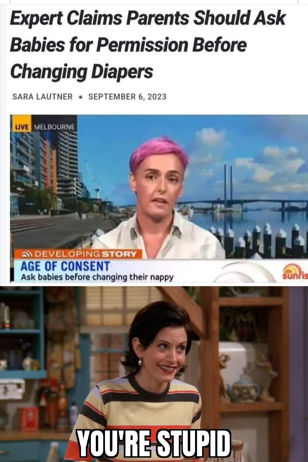 Expert Claims Parents Should Ask Babies for Permission Before Changing Diapers SARALAUTNER SEPTEMBER 6 2023 s S DEVELOPING STORY AGE OF CONSENT Ask babies before changing their nappy LN y YOURESTUPID
