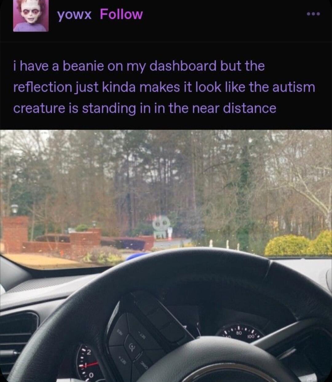 yowx Follow i have a beanie on my dashboard but the reflection just kinda makes it look like the autism creature is standing in in the near distance