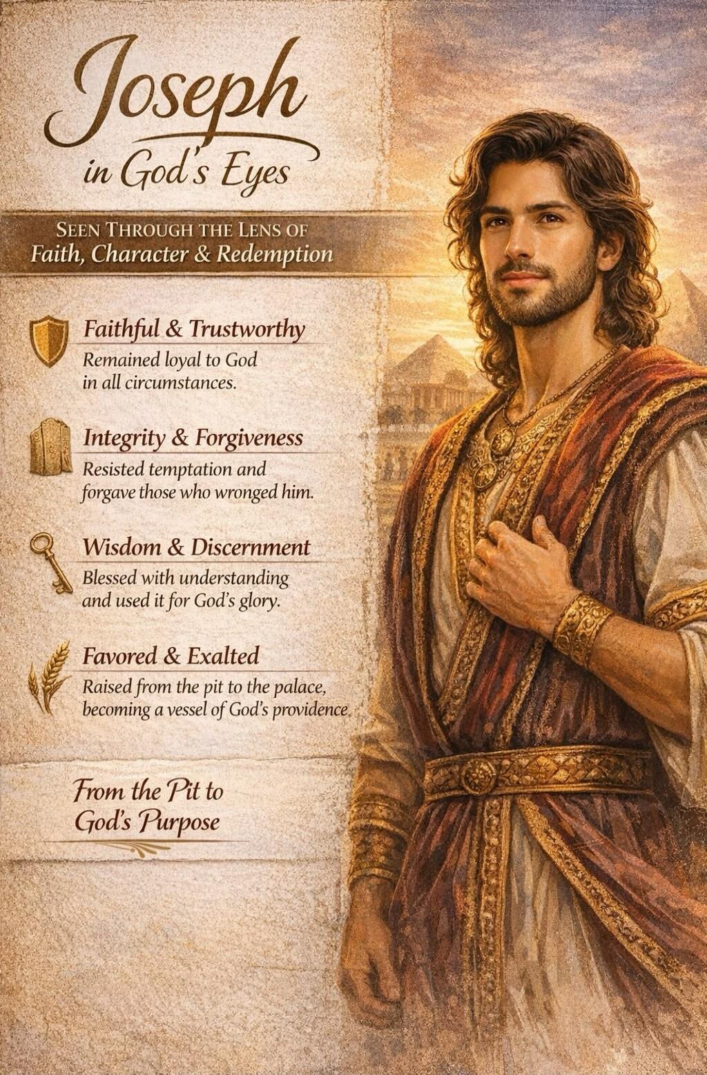 Joseph in God's Eyes. Seen through the lens of Faith, Character & Redemption. Faithful & Trustworthy: Remained loyal to God in all circumstances. Integrity & Forgiveness: Resisted temptation and forgave those who wronged him. Wisdom & Discernment: Blessed with understanding and used it for God's glory. Favored & Exalted: Raised from the pit to the 