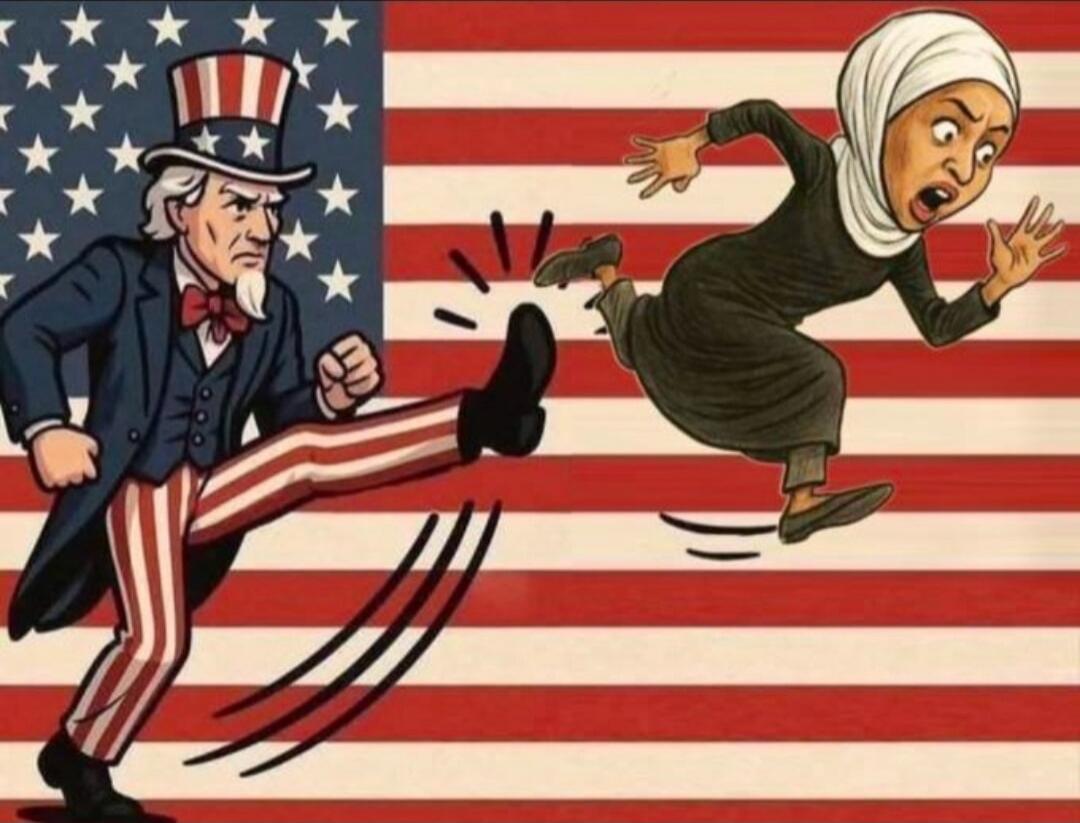 Uncle Sam kicking a Muslim woman in front of the American flag.