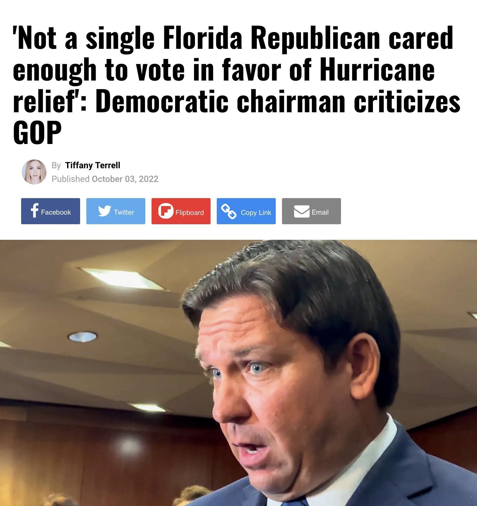 Not a single Florida Republican cared enough to vote in favor of Hurricane relief Democratic chairman criticizes GOP