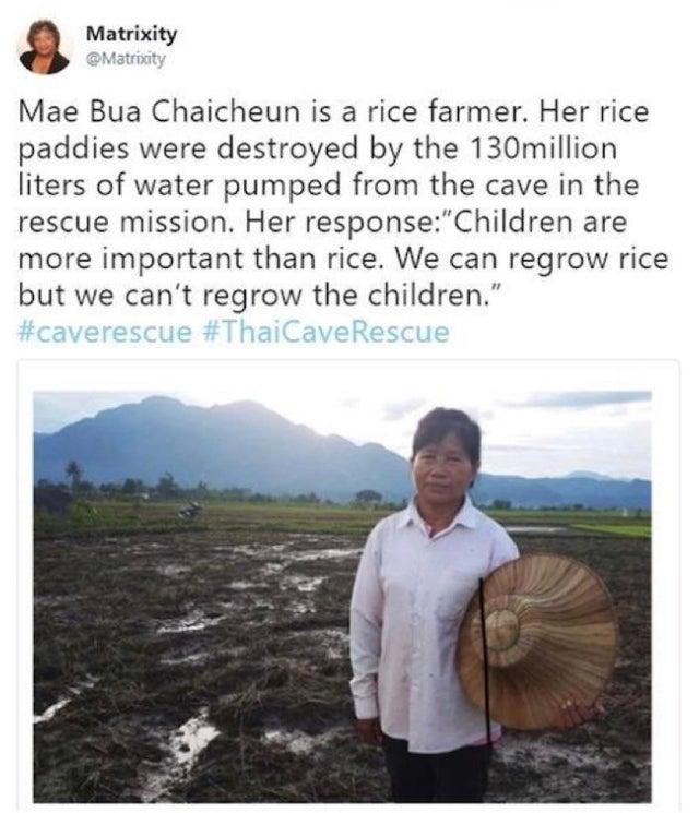 Matrixity Mae Bua Chaicheun is a rice farmer Her rice paddies were destroyed by the 130million liters of water pumped from the cave in the rescue mission Her responseChildren are more important than rice We can regrow rice but we cant regrow the children