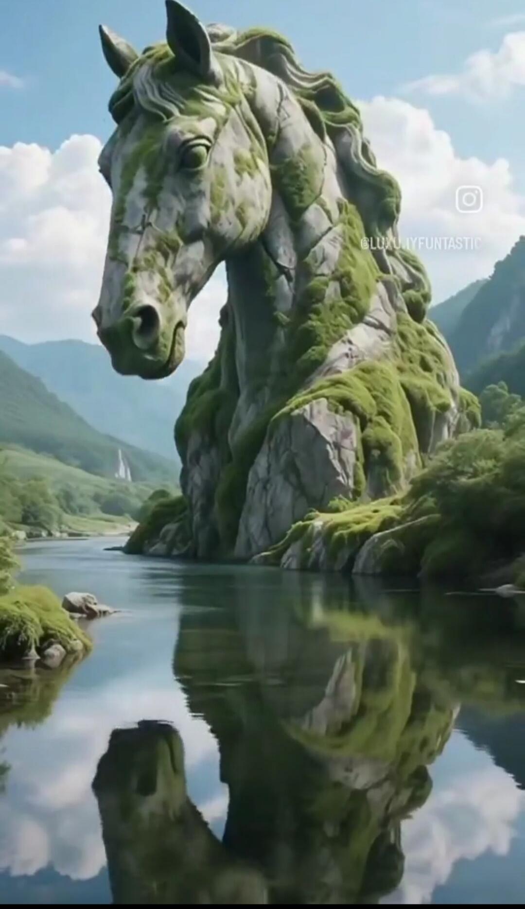 A surreal landscape featuring a giant horse head rock formation draped in moss beside a calm lake with mountains in the background. A watermark resembling an Instagram handle is visible on the right side.