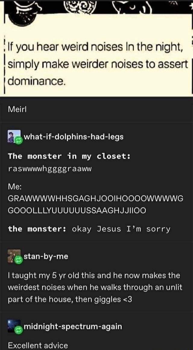 i you hear weird noises In the night simply make weirder noises to assert I dominance Meirl Fr what if dolphins had legs The monster in my closet raswwwwhggggraaww V GRAWWWWHHSGAGHJOOIHOOOOWWWWG cloooMMRUVIVIVIVIVIVISSY VAN el s NN oe the monster okay Jesus Im sorry stan by me taught my 5 yr old this and he now makes the weirdest noises when he walks through an unlit part of the house then giggles