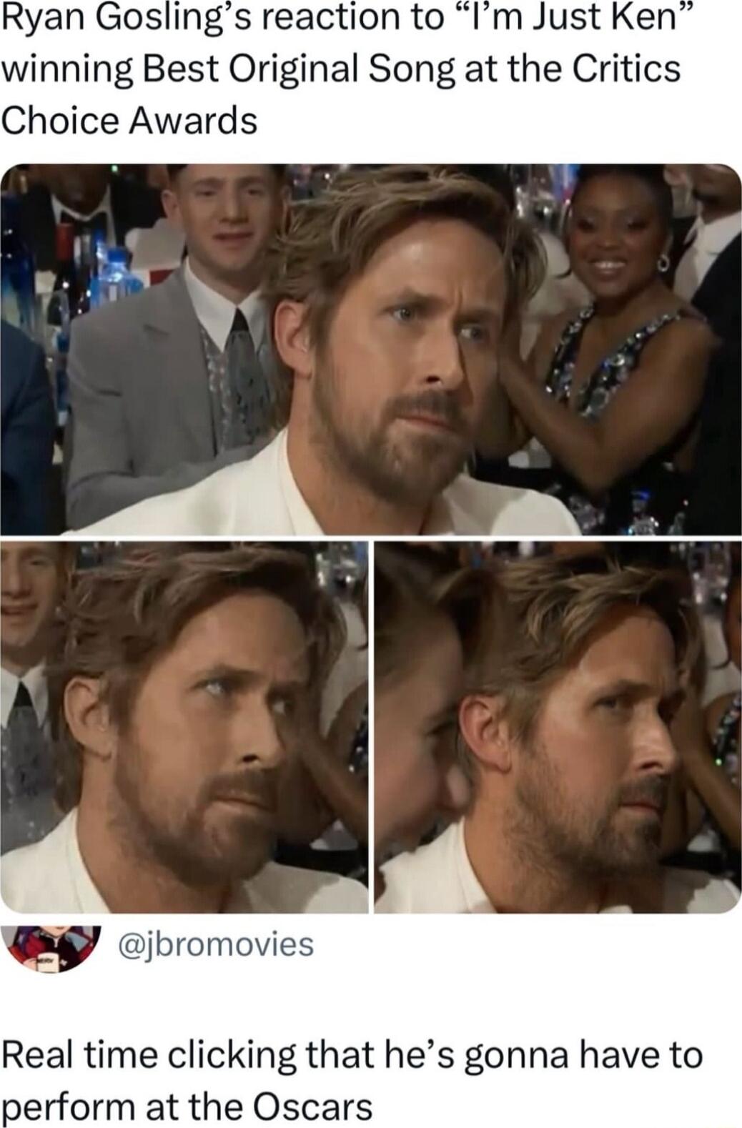 Ryan Goslings reaction to Im Just Ken winning Best Original Song at the Critics Choice Awards bromovies Real time clicking that hes gonna have to perform at the Oscars