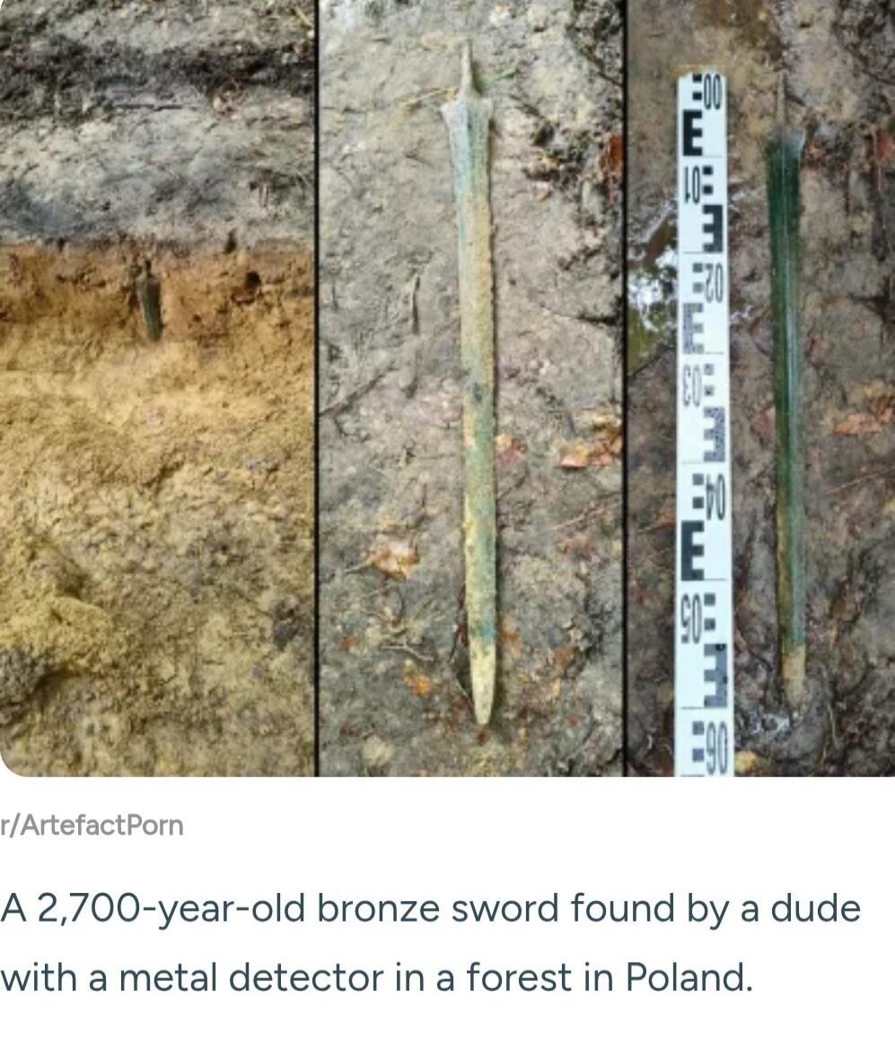 A 2,700-year-old bronze sword found by a dude with a metal detector in a forest in Poland.