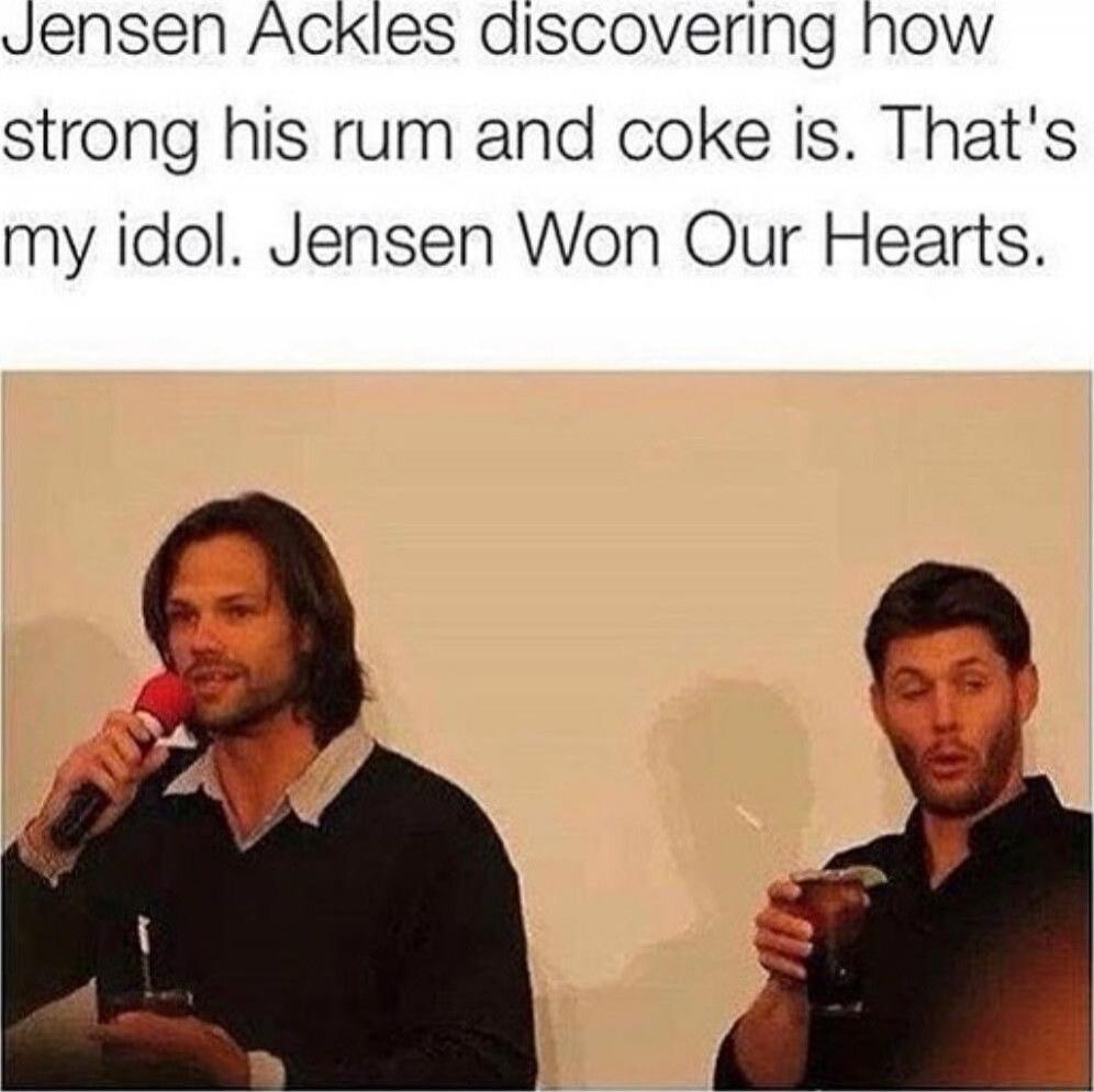 Jensen Ackles discovering how strong his rum and coke is. That's my idol. Jensen Won Our Hearts.
