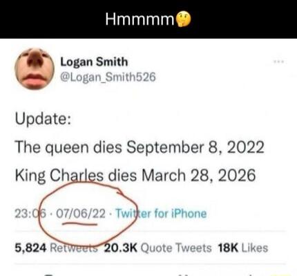 Hmmmm 🤔 Update: The queen dies September 8, 2022 King Charles dies March 28, 2026 23:06 · 07/06/22 · Twitter for iPhone 5,824 Retweets 20.3K Quote Tweets 18K Likes