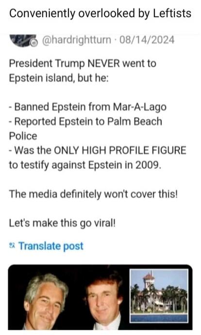 Conveniently overlooked by Leftists

@hardrightturn · 08/14/2024

President Trump NEVER went to Epstein island, but he:

- Banned Epstein from Mar-A-Lago
- Reported Epstein to Palm Beach Police
- Was the ONLY HIGH PROFILE FIGURE to testify against Epstein in 2009.

The media definitely won't cover this!

Let's make this go viral!

Translate post