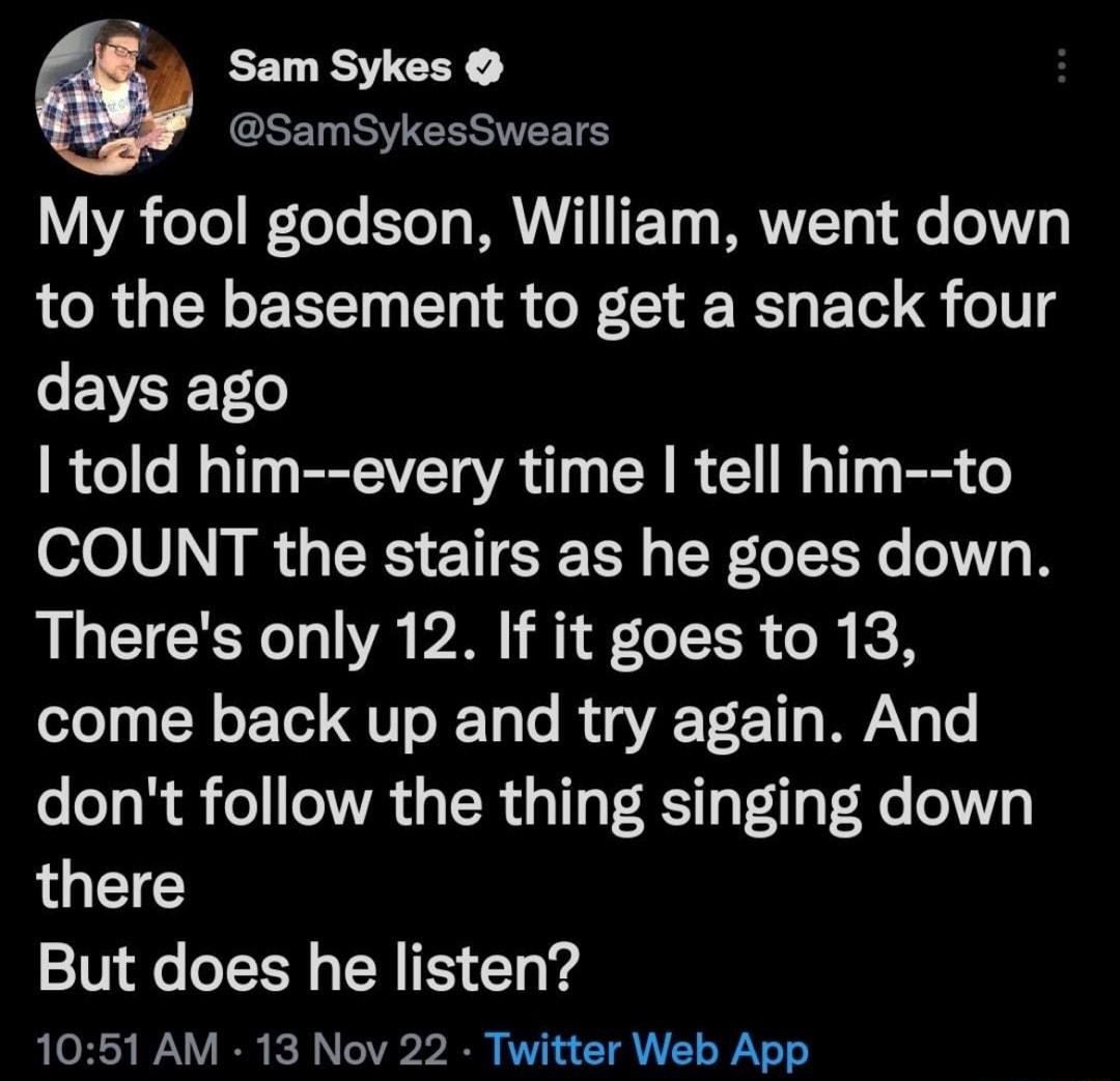 Sam Sykes SamSykesSwears My fool godson William went down to the basement to get a snack four EVEET0 told him every time tell him to COUNT the stairs as he goes down Theres only 12 If it goes to 13 come back up and try again And dont follow the thing singing down there But does he listen 1051 AM 13 Nov 22 Twitter Web App