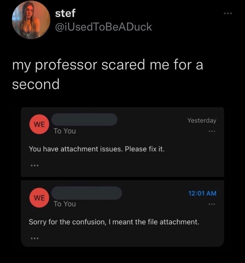 stef IVELT N IITADIIIES my professor scared me for a SEleleyle Yesterday To You You have attachment issues Please fix it 1201 AM To You Sorry for the confusion meant the file attachment