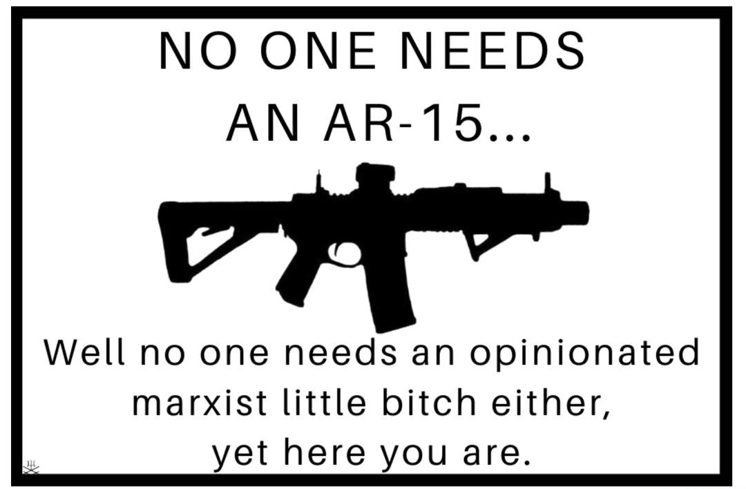 NO ONE NEEDS AN AR 15 Well no one needs an opinionated marxist little bitch either yet here you are