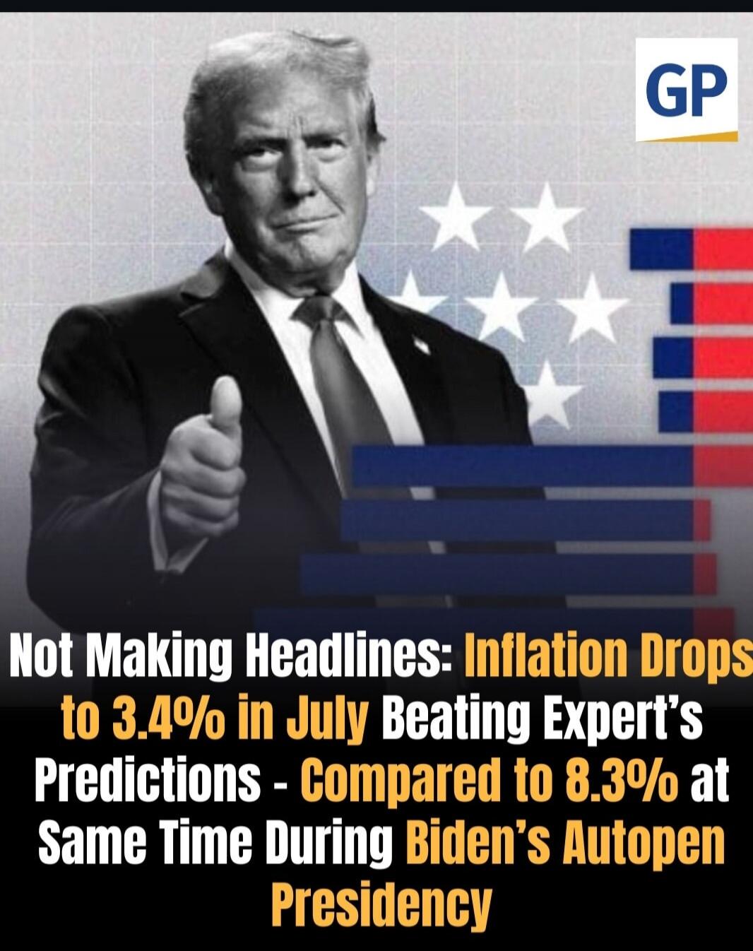 Not Making Headlines: Inflation Drops to 3.4% in July Beating Expert's Predictions - Compared to 8.3% at Same Time During Biden's Autopen Presidency. The image features Donald Trump giving a thumbs up.