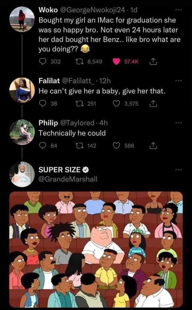 Woko GeorgeNwokoji24 1d Bought my girl an IMac for graduation she was so happy bro Not even 24 hours later her dad bought her Benz like bro what are you doing Q 302 11 8549 o Falilat Falilatt_ 12h He cant give her a baby give her that A Q 38 13 251 Q 3515 N Philip Taylored 4h Technically he could S271 11 142 Q s8 i SUPER SIZE leTeTle V ETSHE reddit