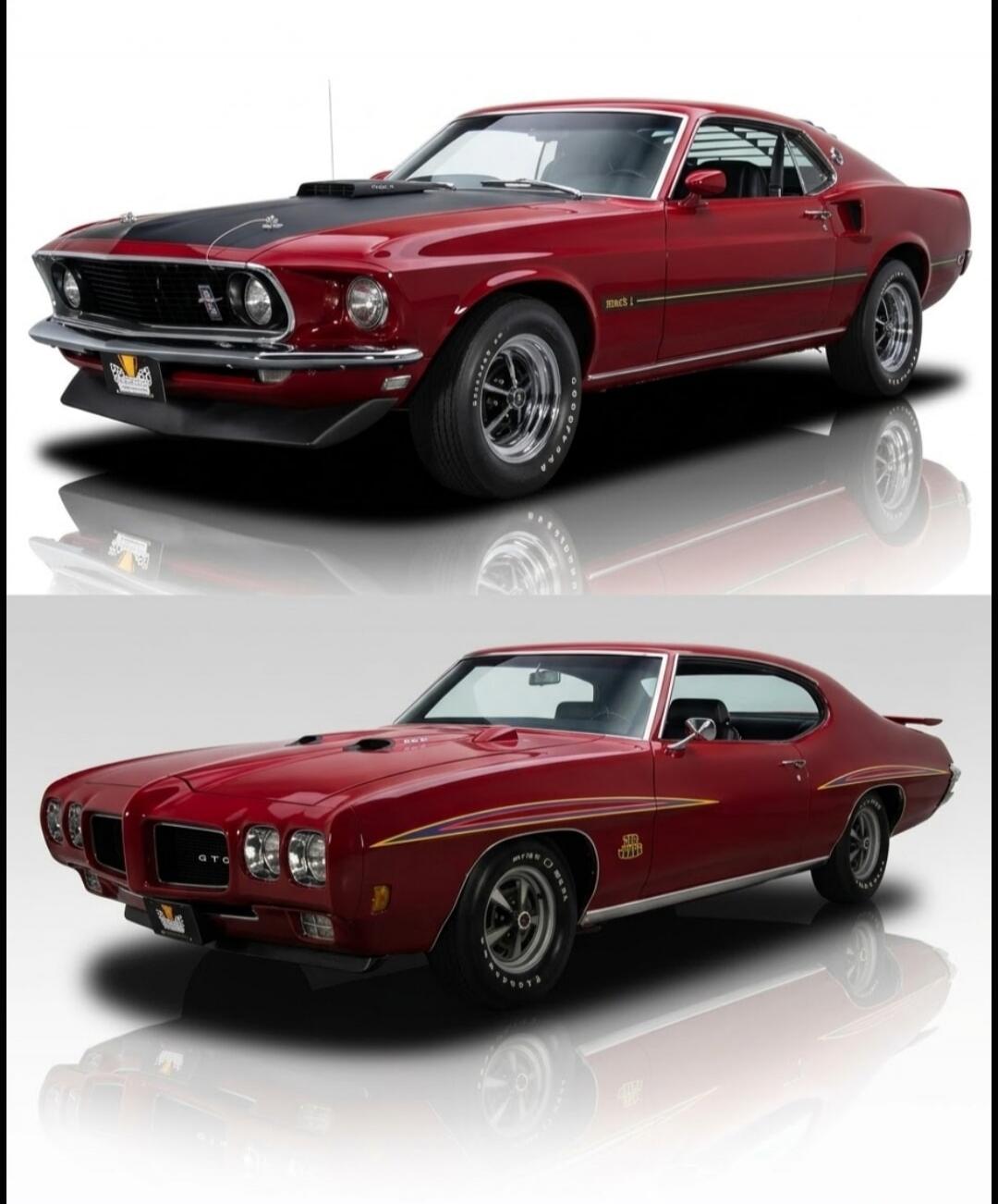 Two classic American muscle cars are displayed. The top car is a red Ford Mustang Mach 1 with a black hood stripe, featuring 'MACH 1' on its side and 'GOODYEAR' on the tires. The bottom car is a red Pontiac GTO, showing 'GTO' on the grille and '455 HO' on the side, also with 'GOODYEAR' on its tires.