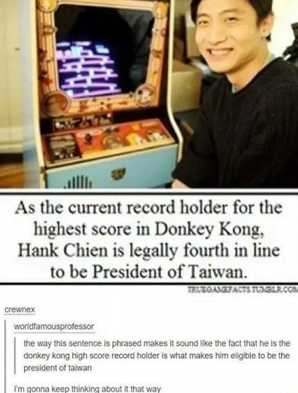 As the current record holder for the highest score in Donkey Kong Hank Chien is legally fourth in line to be President of Taiwan e