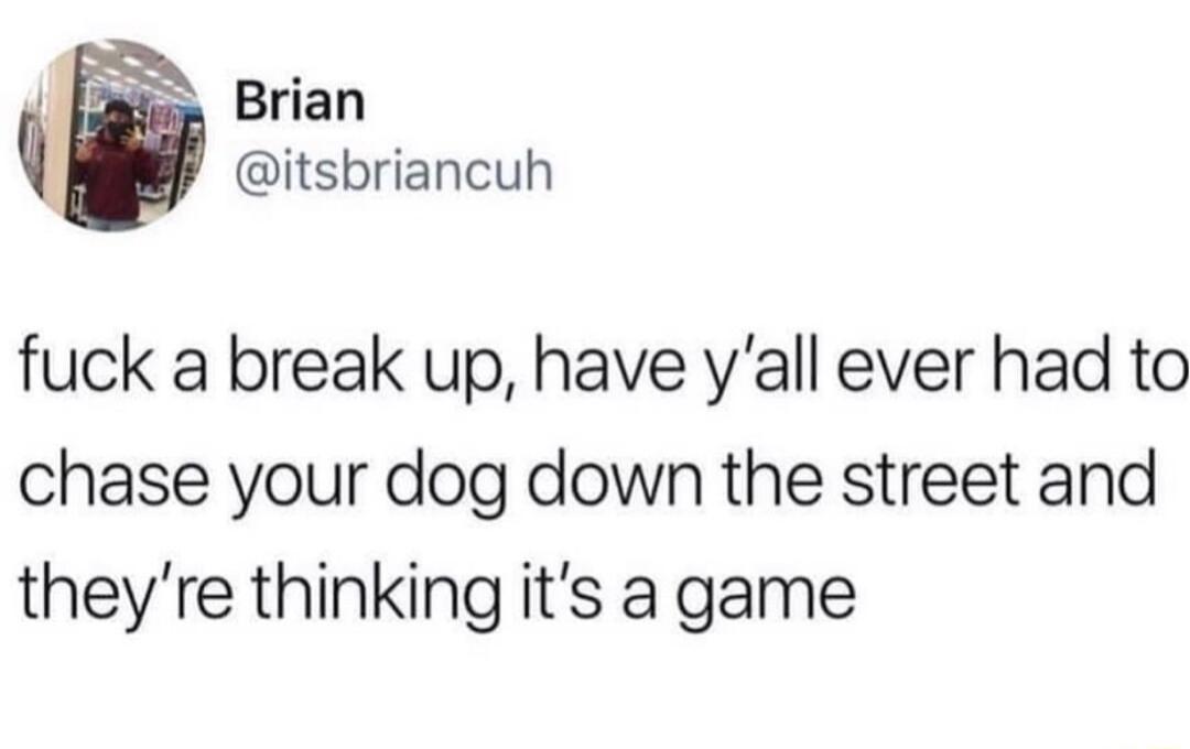 Brian itsbriancuh fuck a break up have yall ever had to chase your dog down the street and theyre thinking its a game