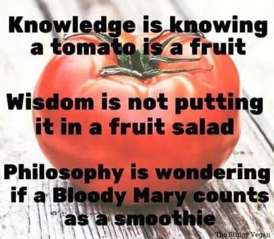 Knowledge is knowing a tomato is a fruit. Wisdom is not putting it in a fruit salad. Philosophy is wondering if a Bloody Mary counts as a smoothie.