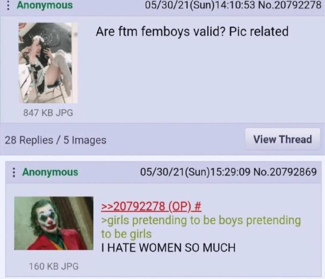 053021Sun141053 No20792278 Are ftm femboys valid Pic related 847KB JPG 28 Replies 5 Images View Thread Anonymous 053021Sun152909 No20792869 220792278 OP girls pretending to be boys pretending to be girls HATE WOMEN SO MUCH 160 KB JPG
