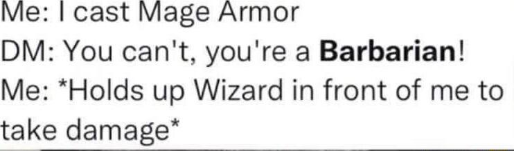 Me cast Mage Armor DM You cant youre a Barbarian Me Holds up Wizard in front of me to take damage