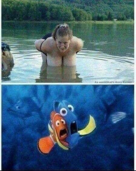 A woman in a lake bending forward, with her breasts prominently visible above the water, looking playfully at the camera. Below, Dory and Marlin from Finding Nemo look terrified, reacting to the scene above. There is also small text 'As seen on Kat's Hory Komar'.