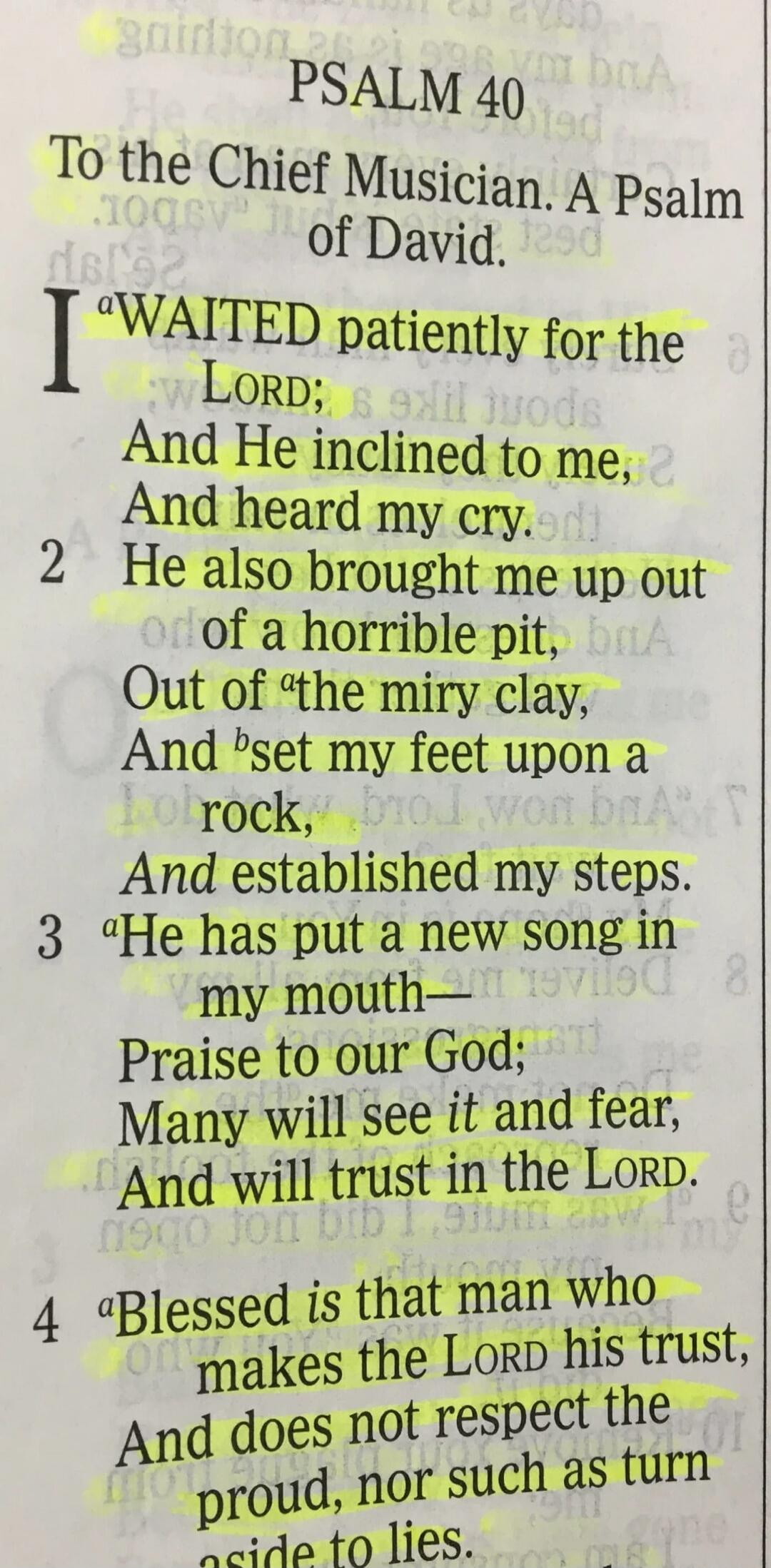 PSALM 40. To the Chief Musician. A Psalm of David. I waited patiently for the LORD; And He inclined to me, And heard my cry. He also brought me up out of a horrible pit, Out of the miry clay, And set my feet upon a rock, And established my steps. He has put a new song in my mouth— Praise to our God; Many will see it and fear, And will trust in the 