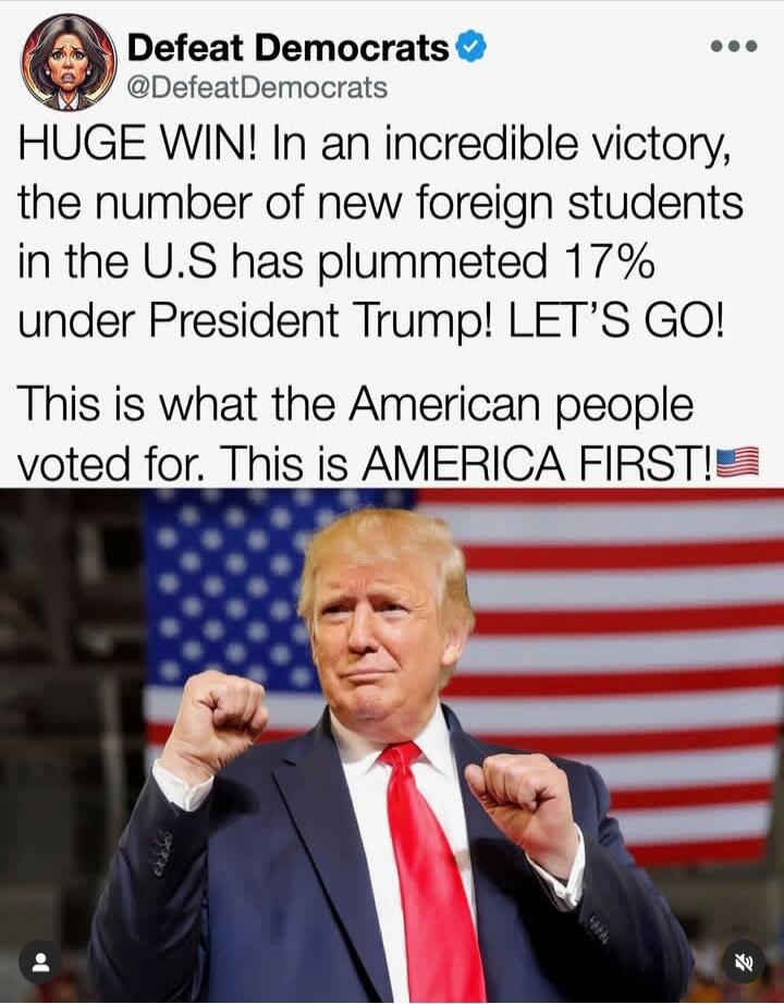 HUGE WIN! In an incredible victory, the number of new foreign students in the U.S has plummeted 17% under President Trump! LET’S GO! This is what the American people voted for. This is AMERICA FIRST! 🇺🇸
