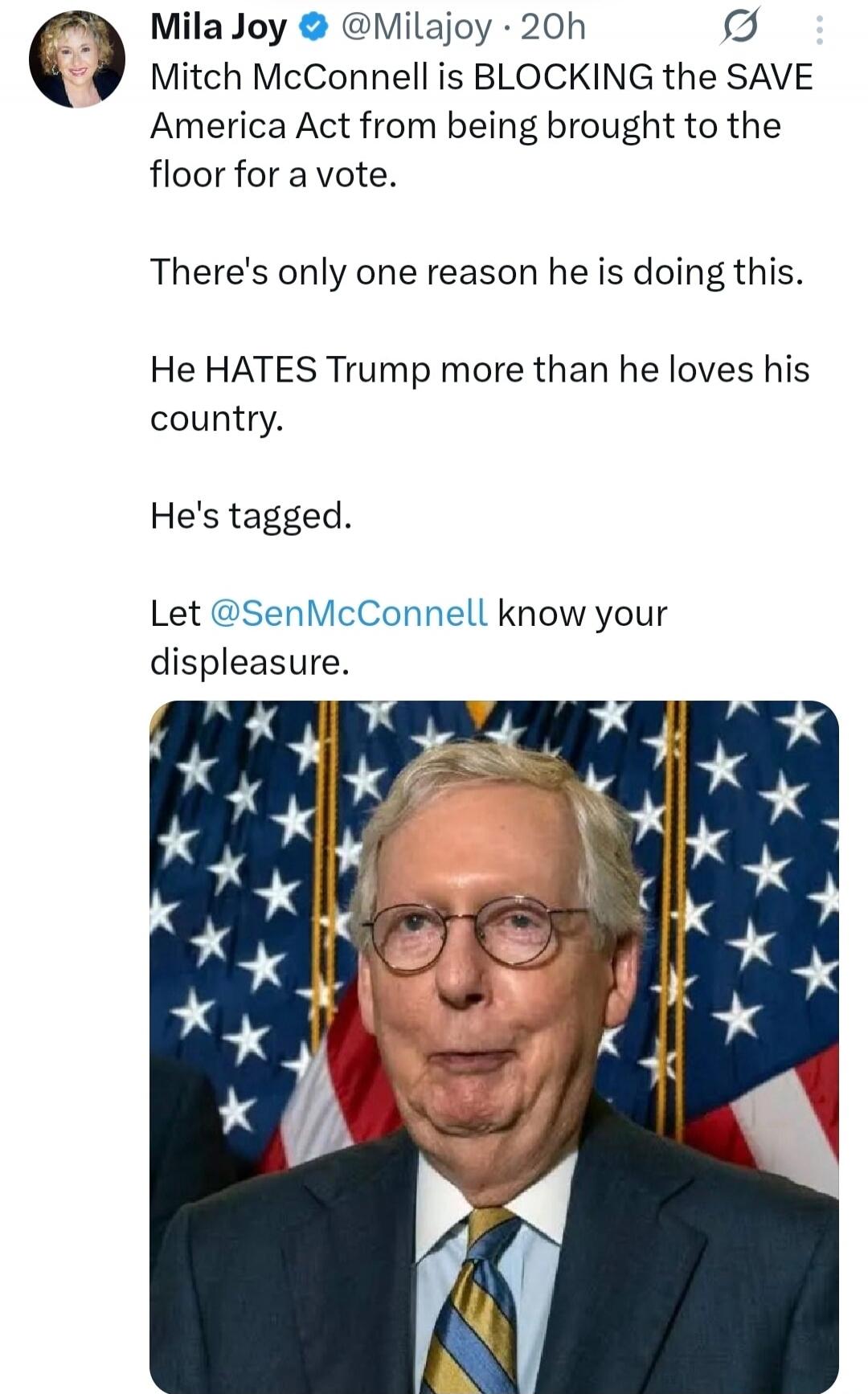 Mitch McConnell is BLOCKING the SAVE America Act from being brought to the floor for a vote.

There's only one reason he is doing this.

He HATES Trump more than he loves his country.

He's tagged.

Let @SenMcConnell know your displeasure.