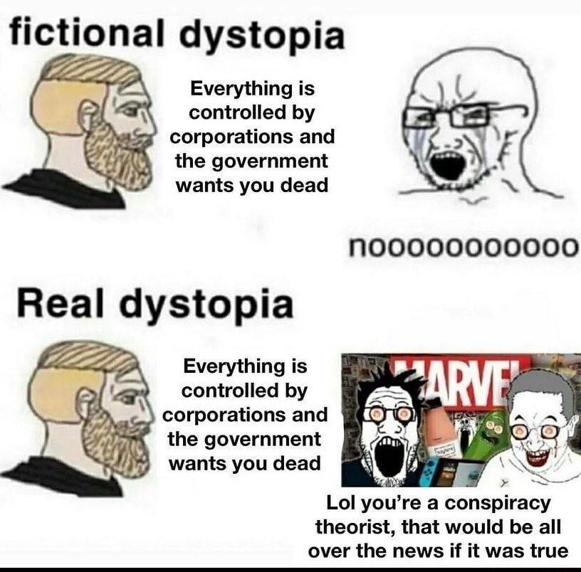 Everything is controlled by corporations and the government wants you dead Noooo00000000 Real dystopia Everything is controlled by corporations and the government wants you dead Lol youre a conspiracy theorist that would be all over the news if it was true