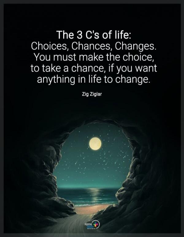 The 3 C's of life: Choices, Chances, Changes. You must make the choice, to take a chance, if you want anything in life to change.\nZig Ziglar