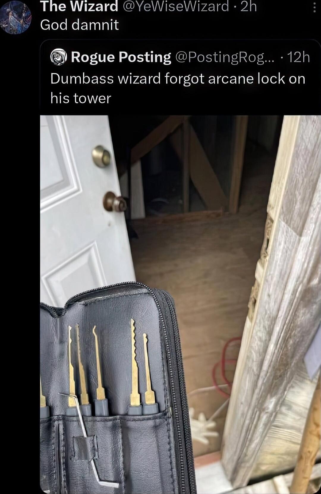 The Wizard YeWiseWizard 2n kfu God damnit Rogue Posting PostingRog 12h Dumbass wizard forgot arcane lock on IRl