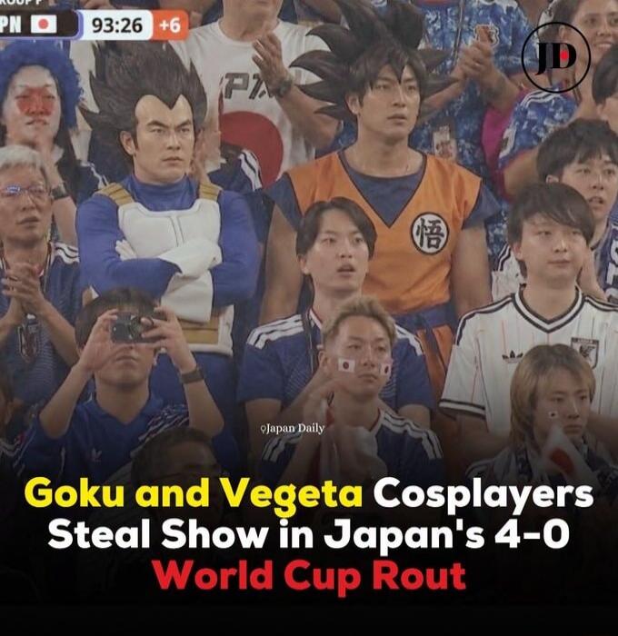Goku and Vegeta Cosplayers Steal Show in Japan's 4-0 World Cup Rout. The scoreboard shows JPN 93:26 +6.
