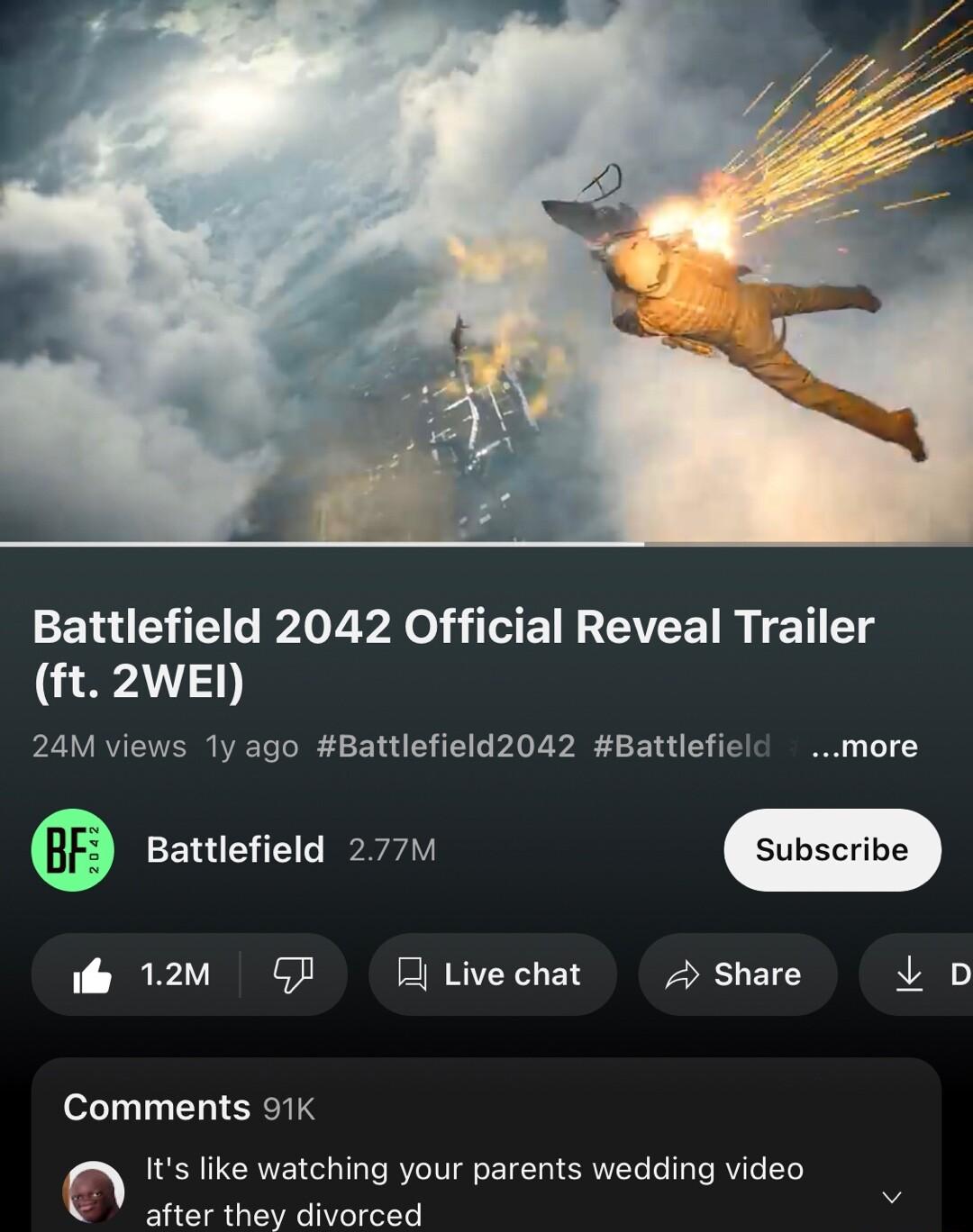 Battlefield 2042 Official Reveal Trailer A 24M views Ty ago Battlefield2042 Battlefielc more Battlefield 27711 i 12m OO Live chat A Share 4 D Comments 91k Its like watching your parents wedding video after they divorced