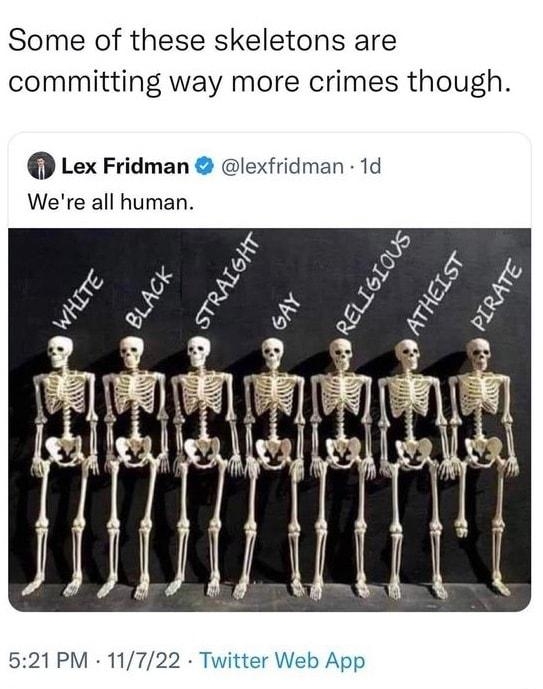 Its Devon Tracey itsDevonTracey Some of these skeletons are committing way more crimes though Lex Fridman lexfridman 1d Were all human 521 PM 11722 Twitter Web App 10 Retweets 134 Likes