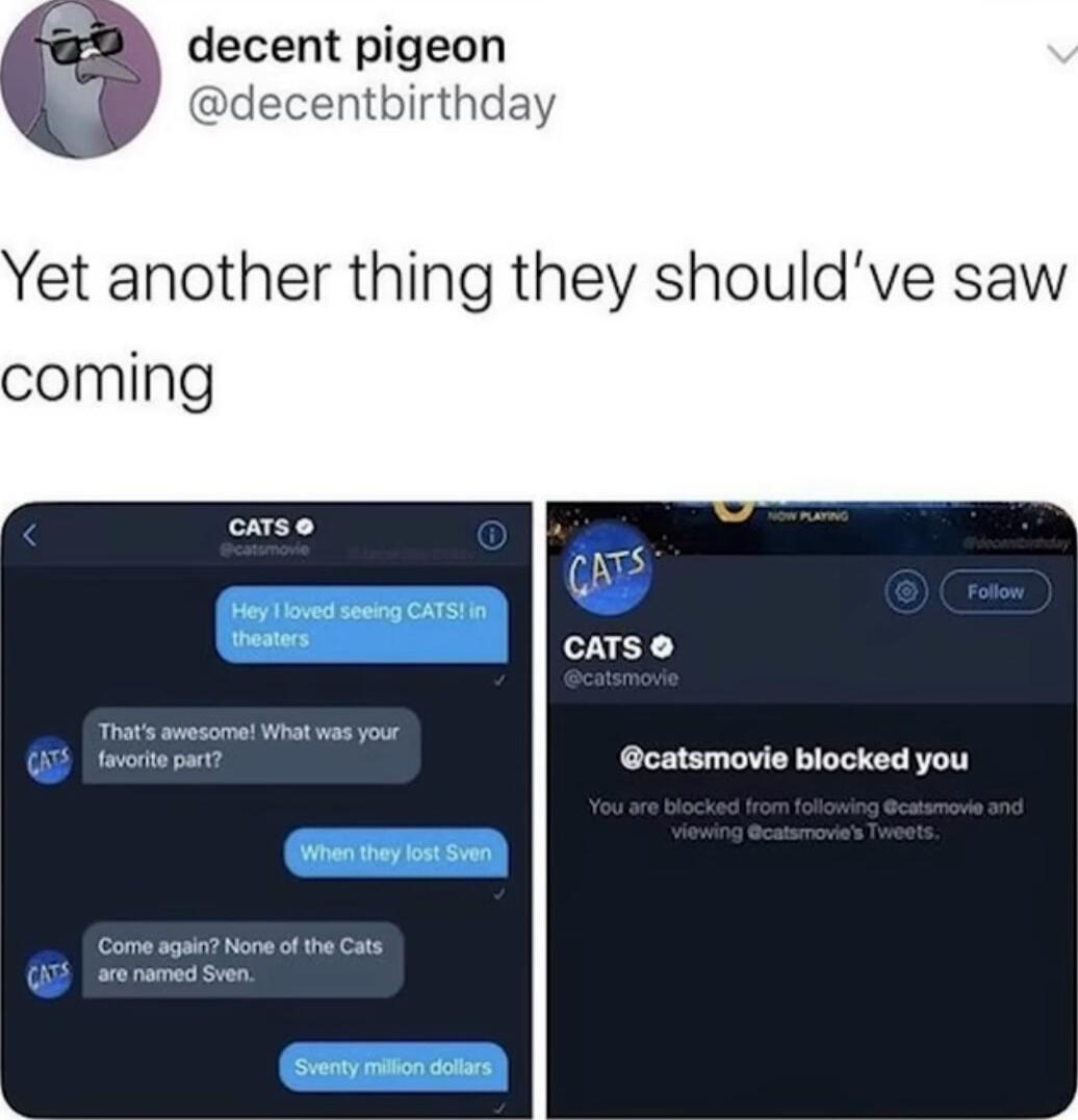 decent pigeon thirt Yet another thing they shouldve saw coming 3 ATS caTS catsmovie blocked you