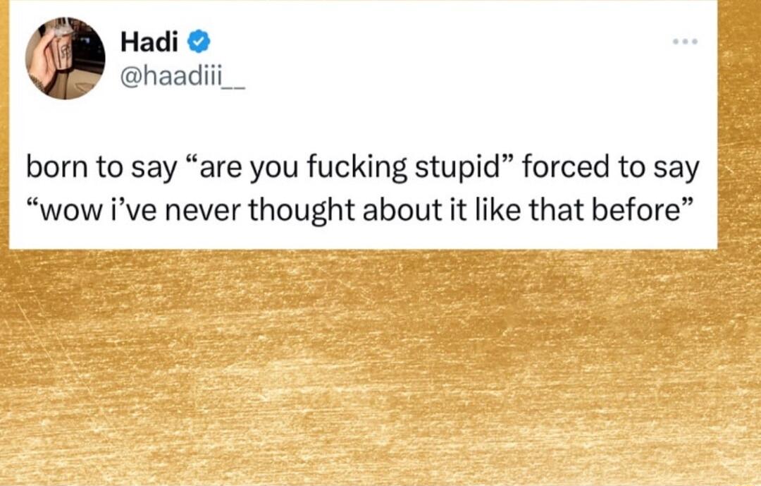 Hadi Y haadiii born to say are you fucking stupid forced to say wow ive never thought about it like that before