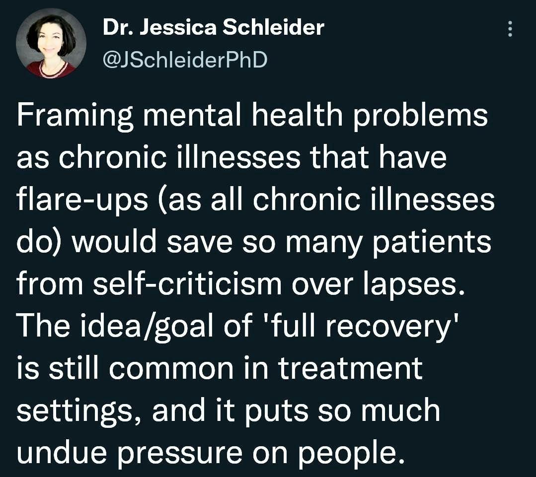 Dr Jessica Schleider 8 IRT o V d3D Framing mental health problems as chronic illnesses that have flare ups as all chronic illnesses do would save so many patients from self criticism over lapses The ideagoal of full recovery is still common in treatment settings and it puts so much undue pressure on people