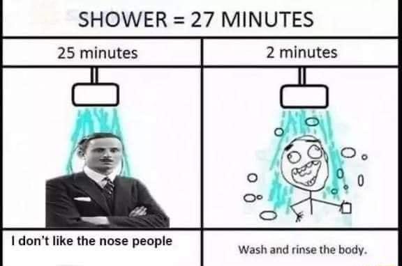 SHOWER 27 MINUTES 25 minutes 2 minutes I dont like the nose people i