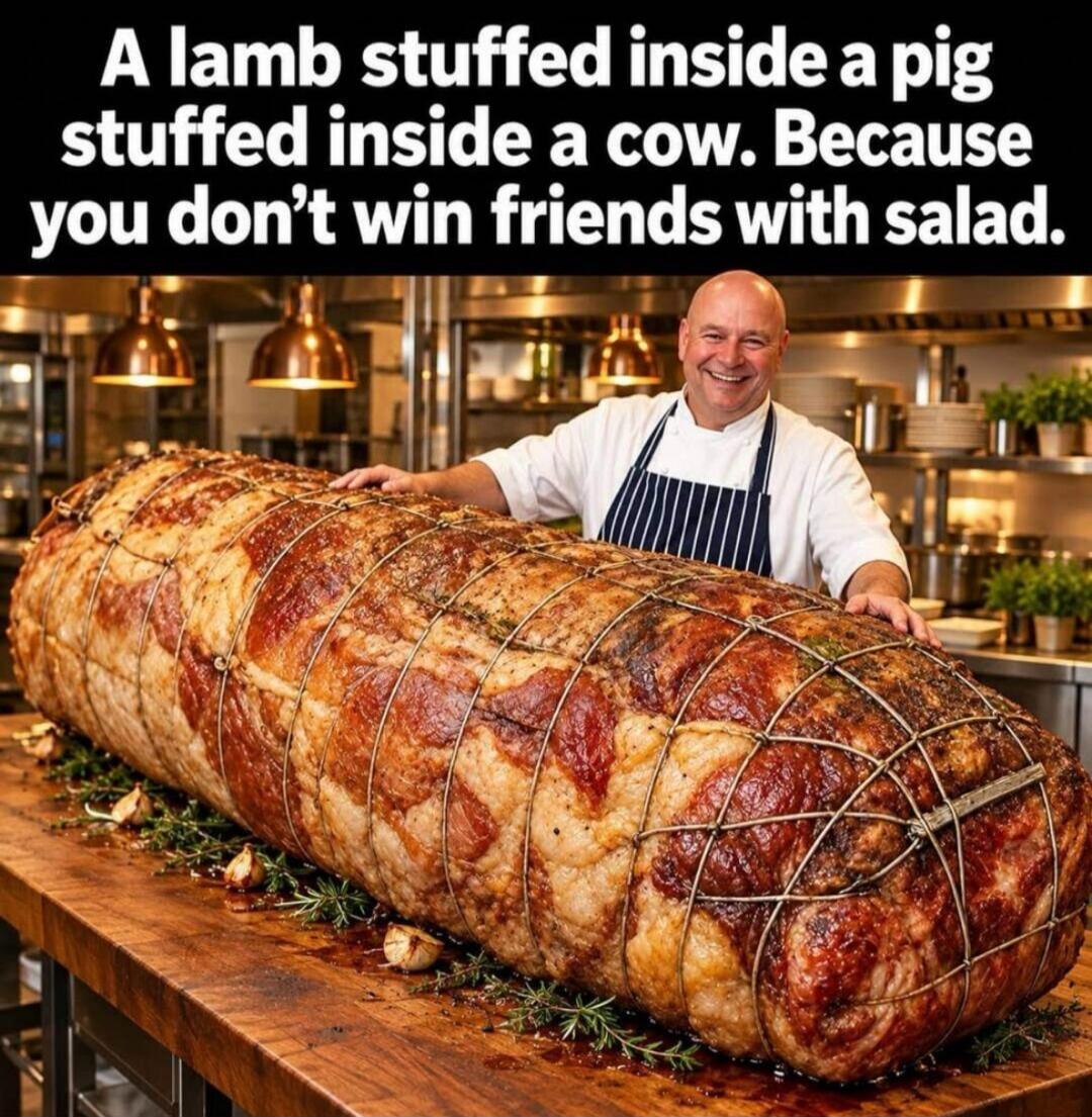 A lamb stuffed inside a pig stuffed inside a cow. Because you don't win friends with salad.