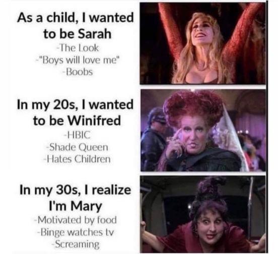 As a child wanted to be Sarah The Lool ill I In my 20s wanted to be Winifred HBIC Shade Queen Hates Children In my 30s realize Im Mary Motivated by food Binge watches tv Screaming