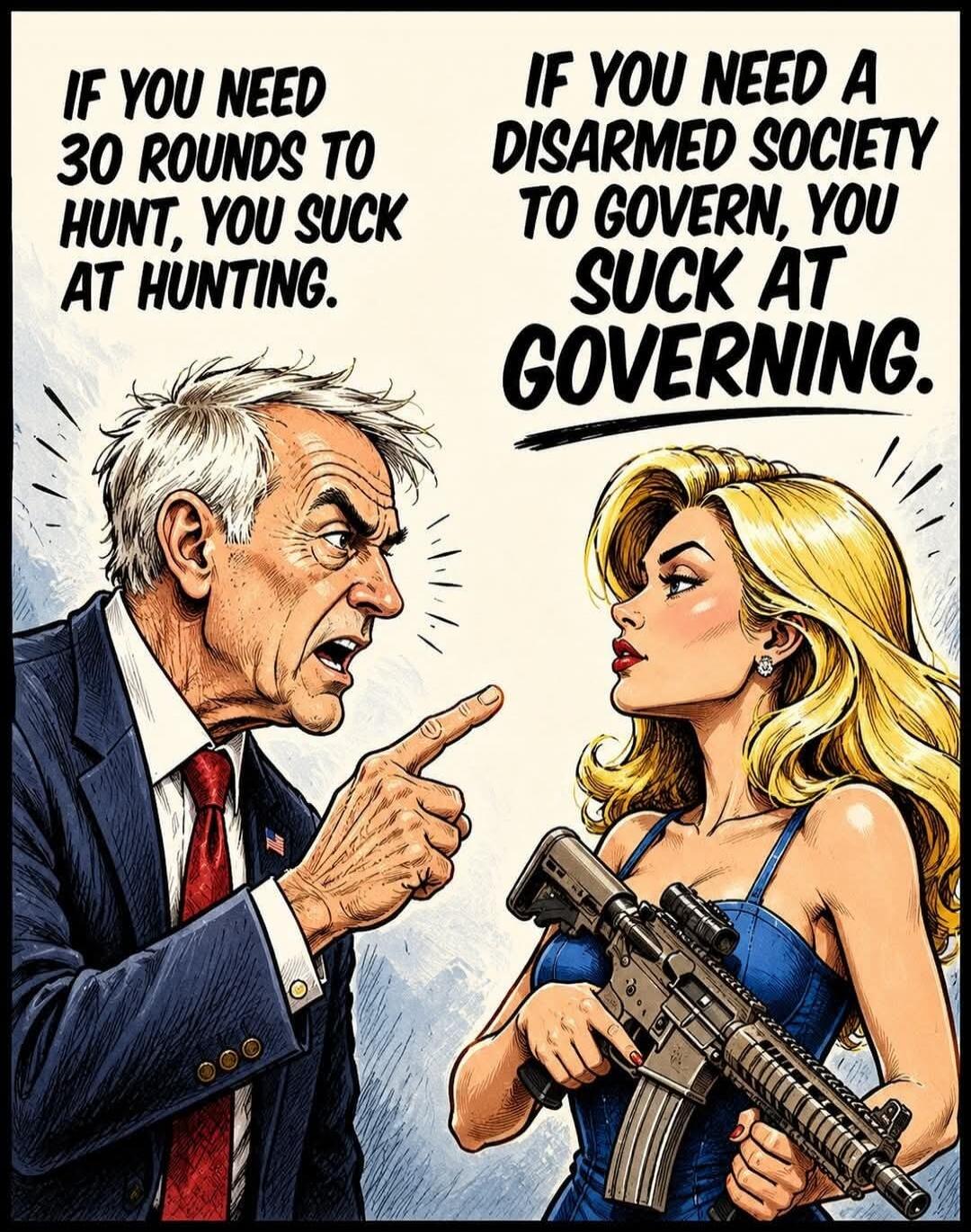 IF YOU NEED 30 ROUNDS TO HUNT, YOU SUCK AT HUNTING. IF YOU NEED A DISARMED SOCIETY TO GOVERN, YOU SUCK AT GOVERNING.