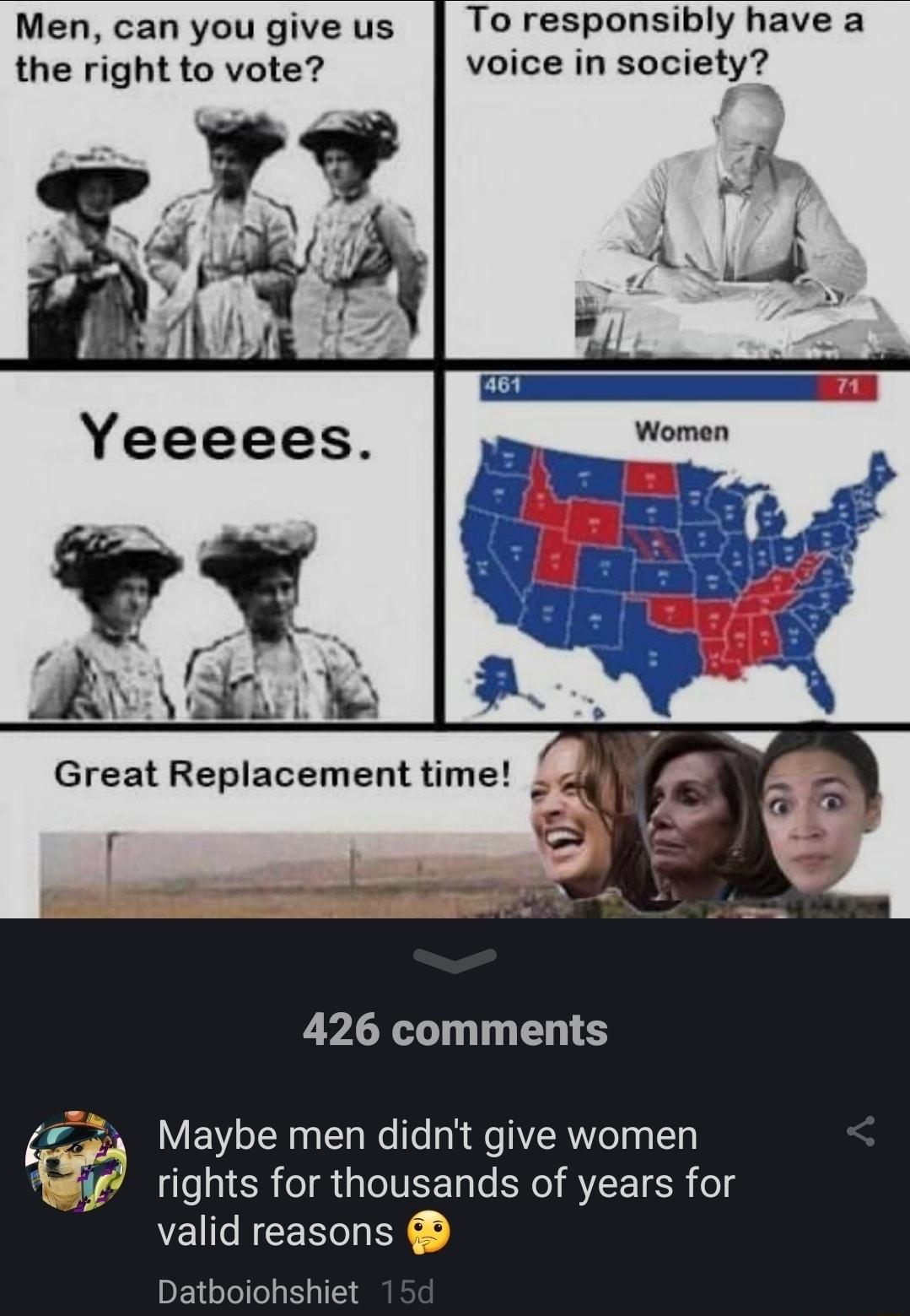 Men can you give us To responsibly have a the right to vote voice in society r e e 426 comments 2a Maybe men didnt give women rights for thousands of years for valid reasons PET hiet