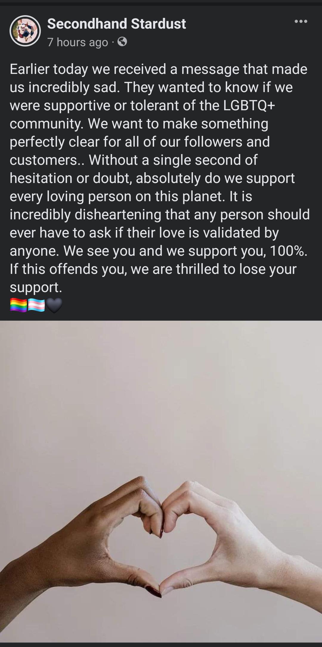 REGLLERG RS ETL T hours ago Earlier today we received a message that made VST Yot Ye 1o ACT Te M T AVYETR 1 e R e R Te LA RS were supportive or tolerant of the LGBTQ community We want to make something perfectly clear for all of our followers and customers Without a single second of ST 1TeTa Mo e o1Vo A o RTe1 V 1 e SRVRTU o ool every loving person on this planet It is incredibly disheartening tha