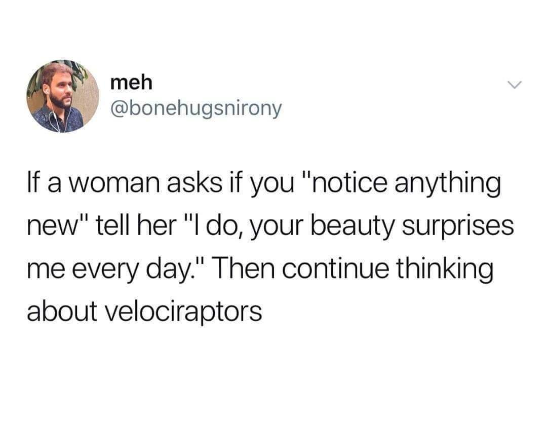 meh bonehugsnirony If a woman asks if you notice anything new tell her l do your beauty surprises me every day Then continue thinking about velociraptors